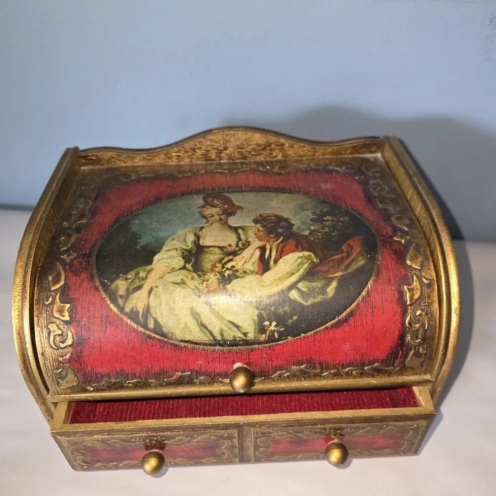 Vtg MIM Lador Japan Wooden Musical Jewelry Box Victorian Couple Sunrise Sunset